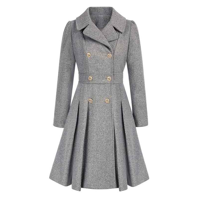 Knee length double button winter coat in beige, front view