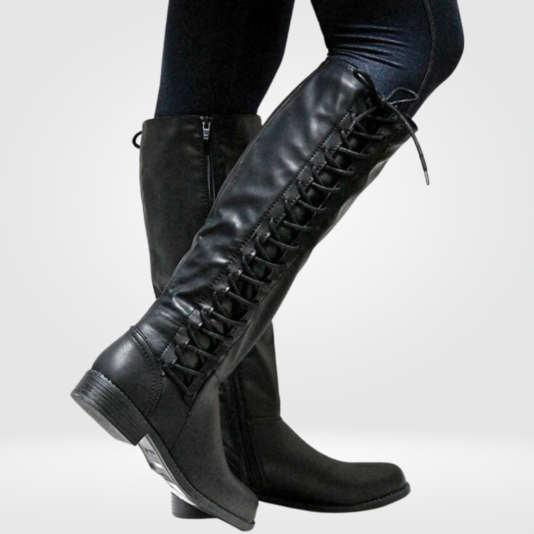 Knee high leather-look boots with block heel in black, side view