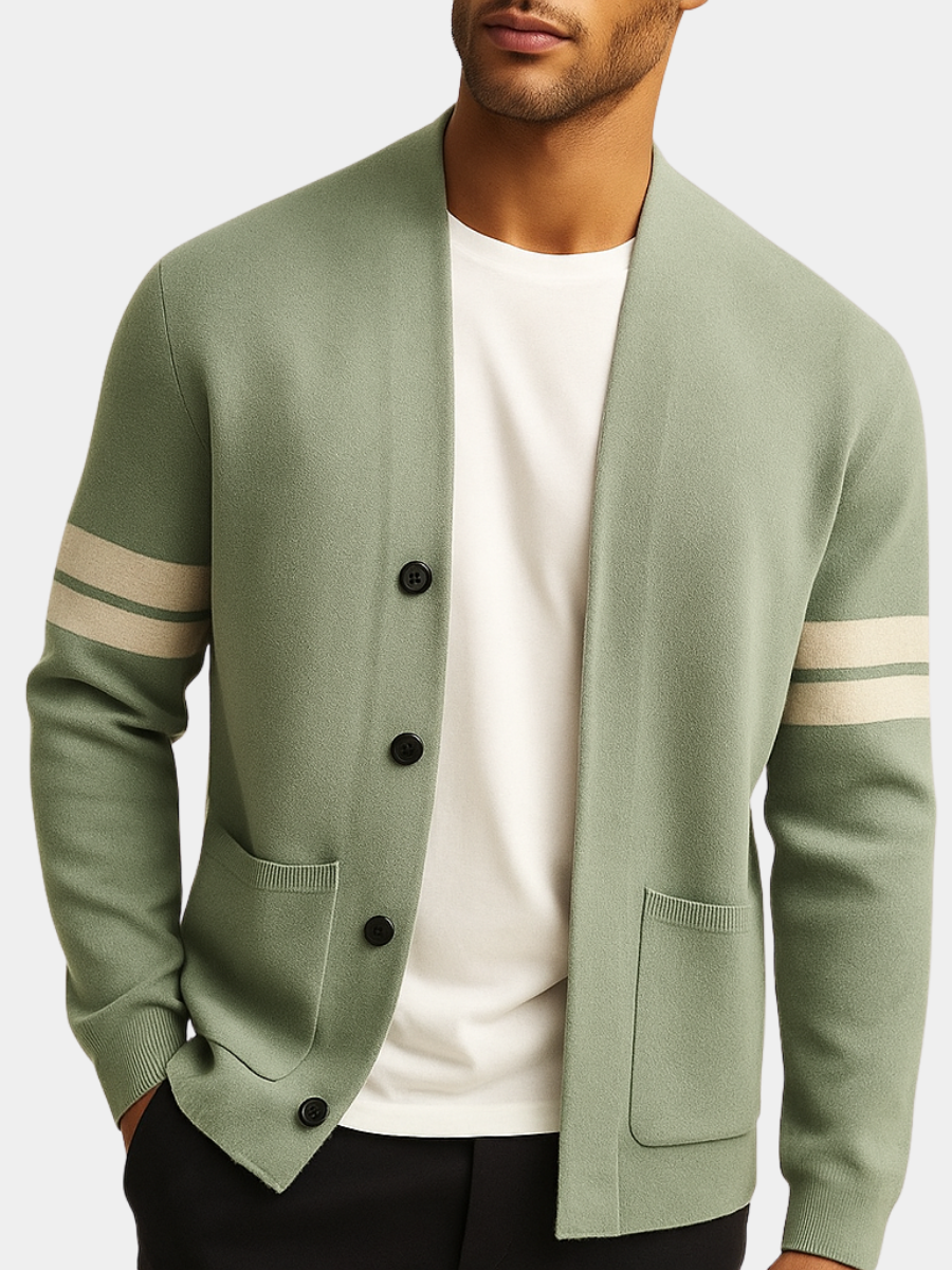 Knitted cardigan with striped sleeve detail in light green, front view