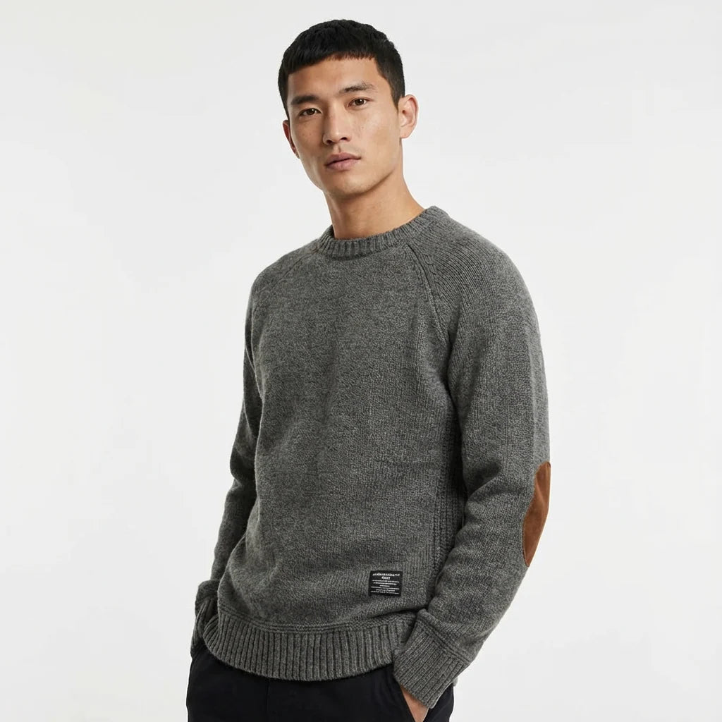 Crew-Neck Sweater Elbow-Patch Knit