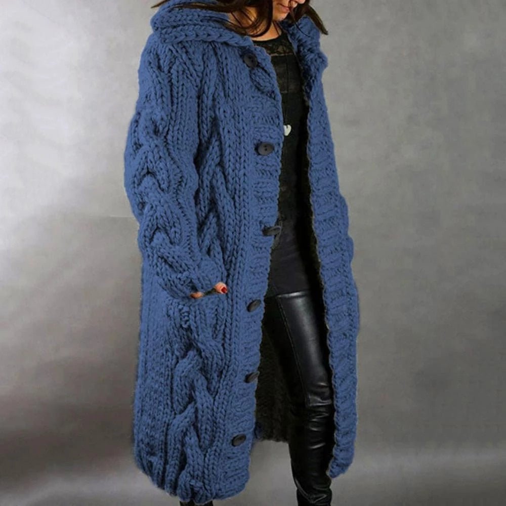 Oversized cable knit button cardigan in silver grey, front view