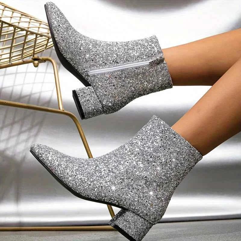 Ankle Boots Glitter Block Heel