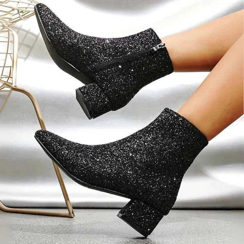 Glitter ankle boots in black with block heel, side view