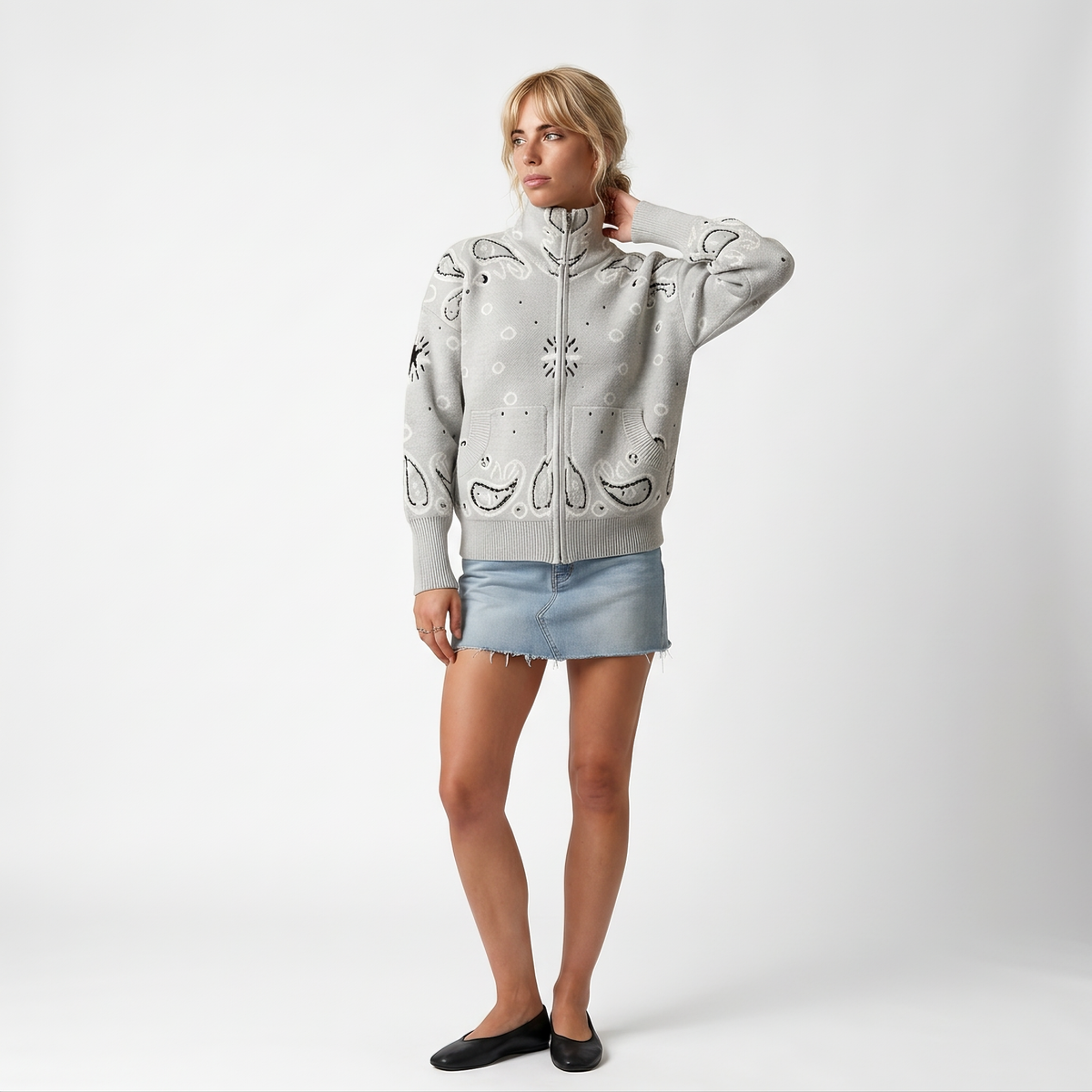Paisley Print Zip Turtleneck Cardigan
