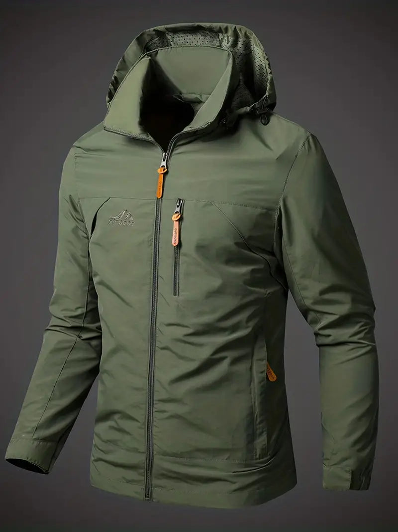 Waterproof breathable rain jacket in army green, front view