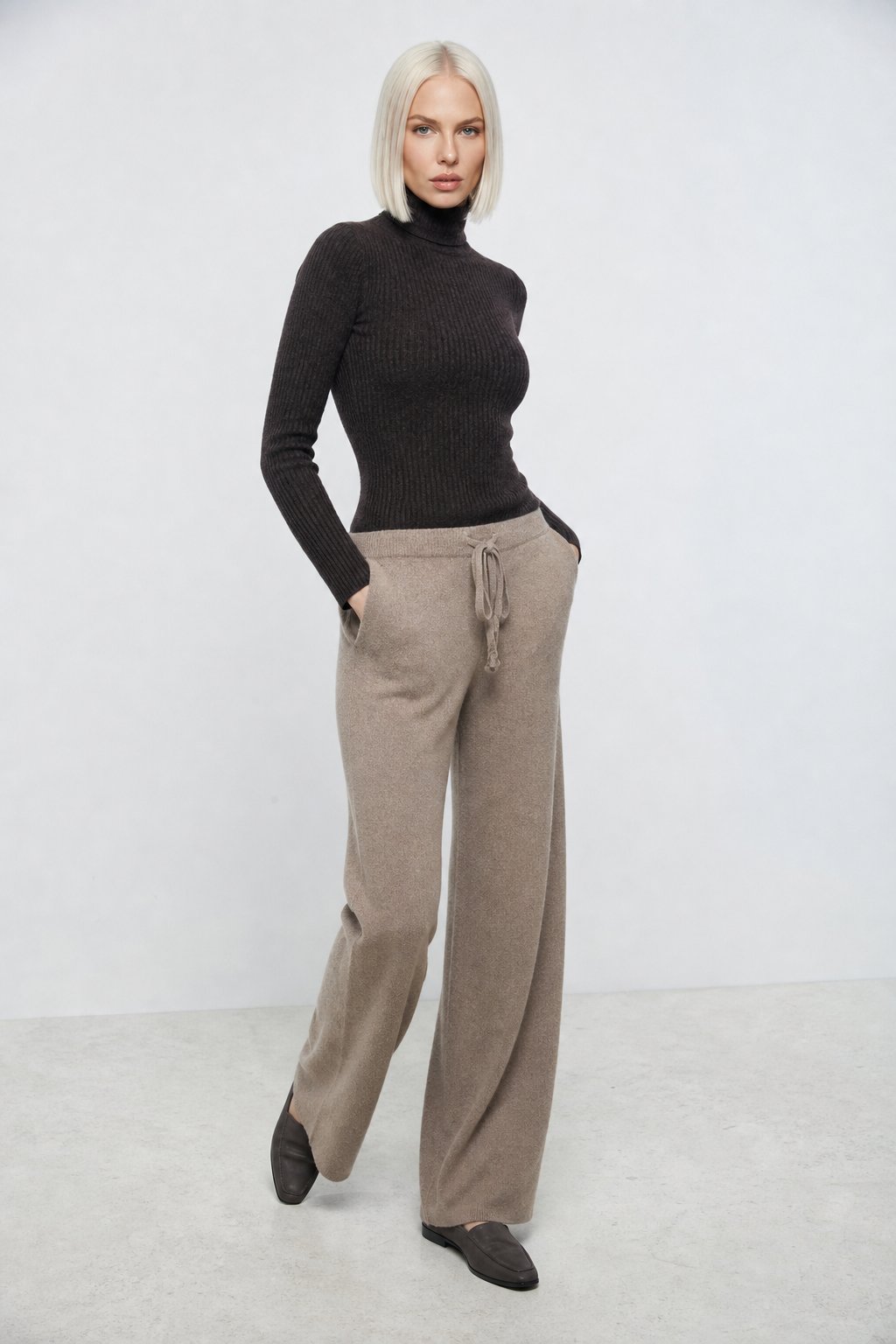 Wide leg high waist knit trousers in camel, front view