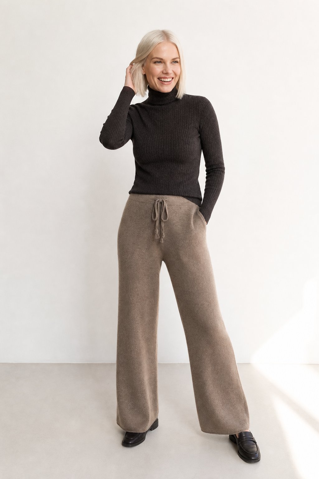 Knit Trousers Wide Leg High Waist