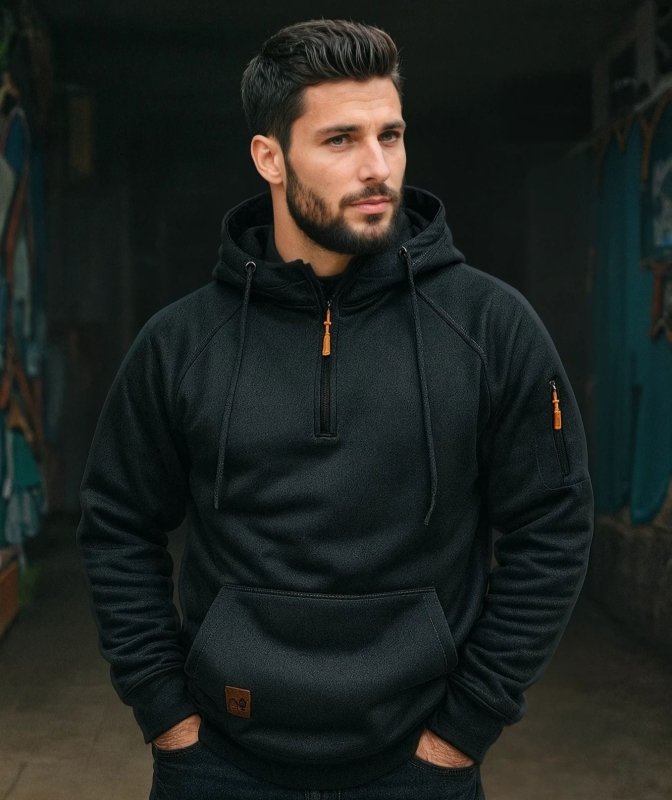 Warm half-zip hoodie with pocket in dark grey, front view
