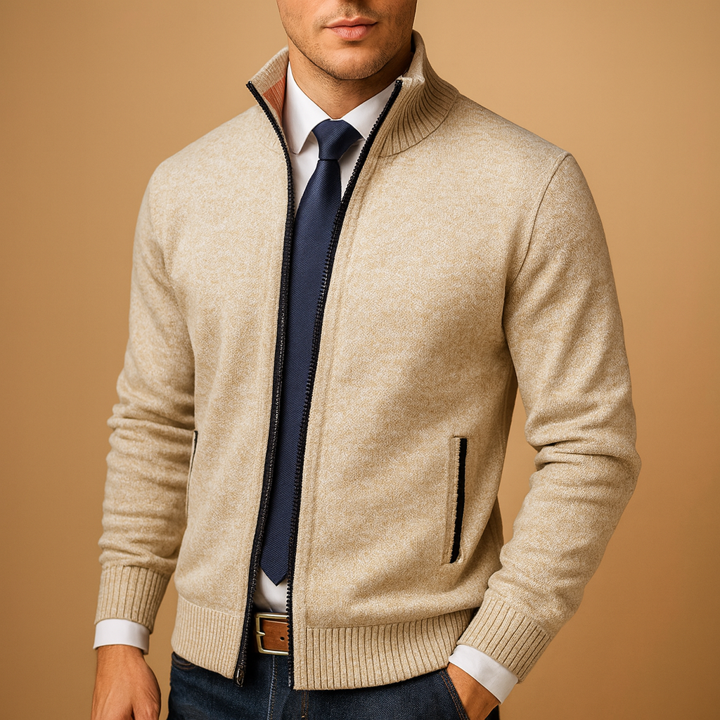 Full zip knit jacket in navy blue, front view
