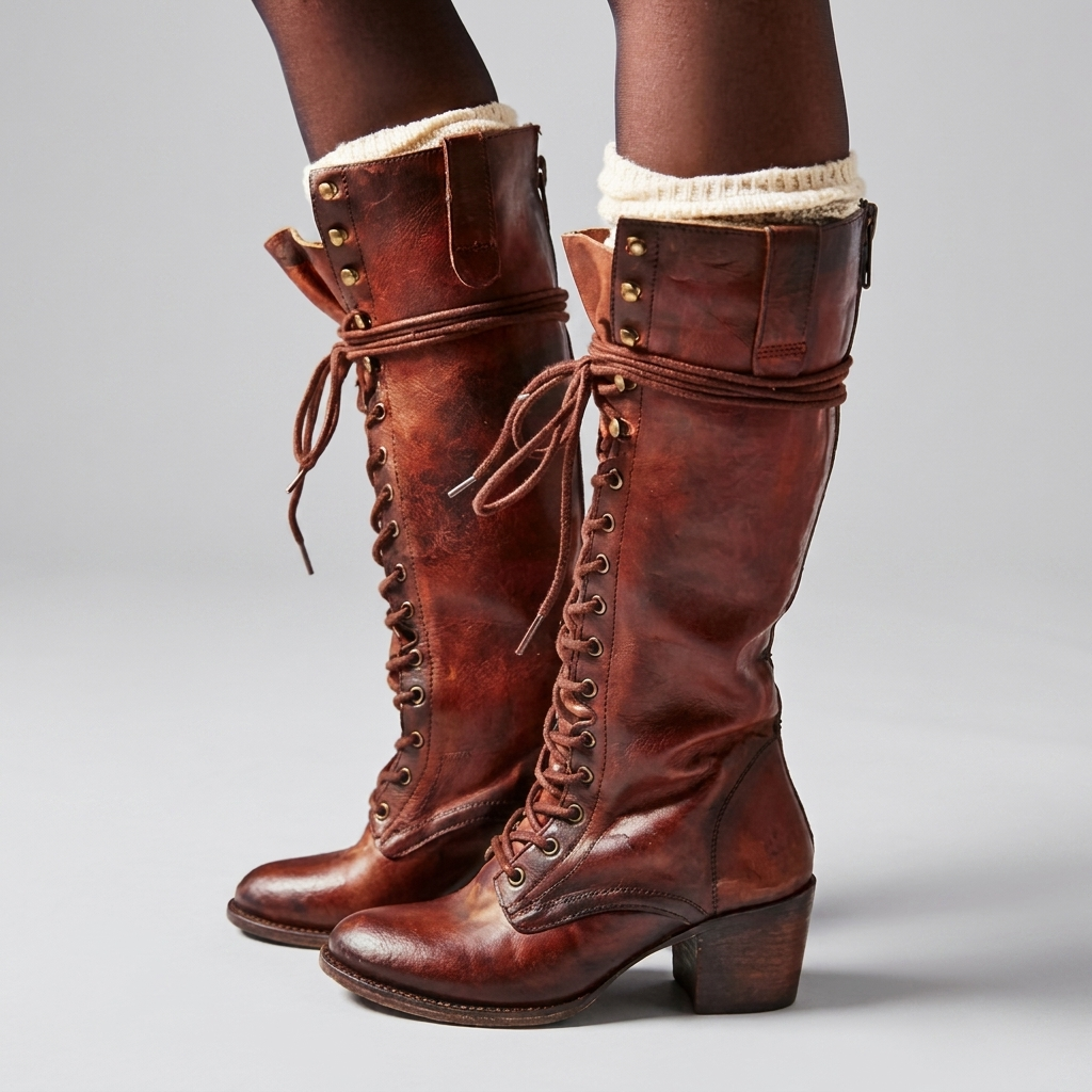 Lace-Up Knee Boots Leather-Look
