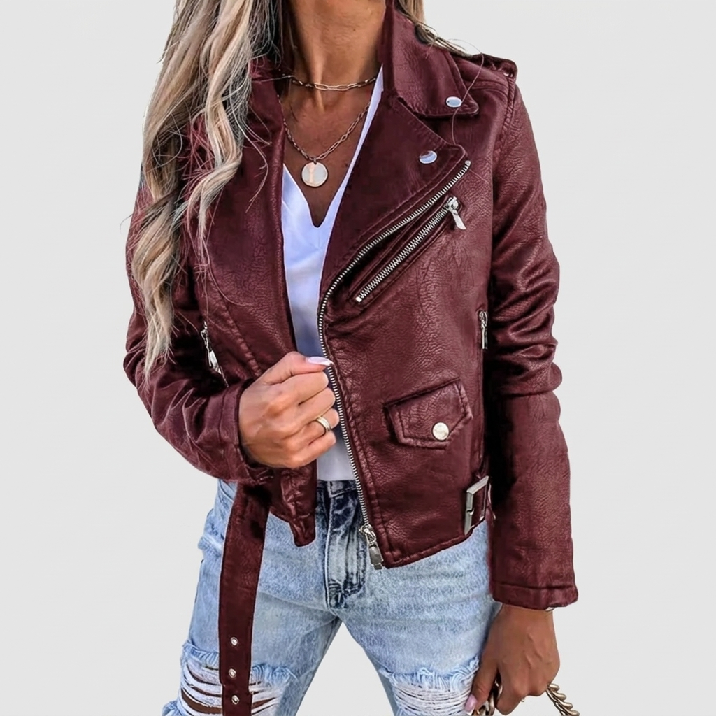Leather Jacket with Stand Collar and Belt