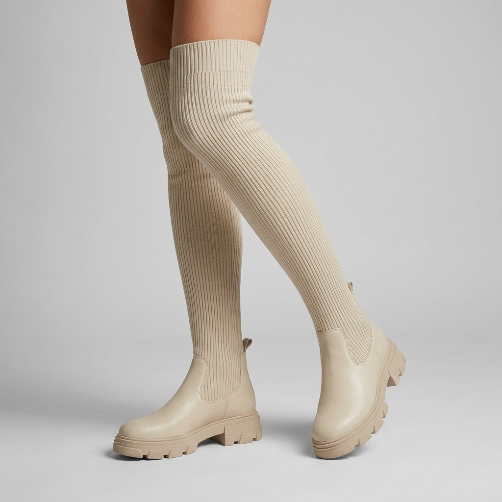 Knee High Boots Ribbed Stretch Knit
