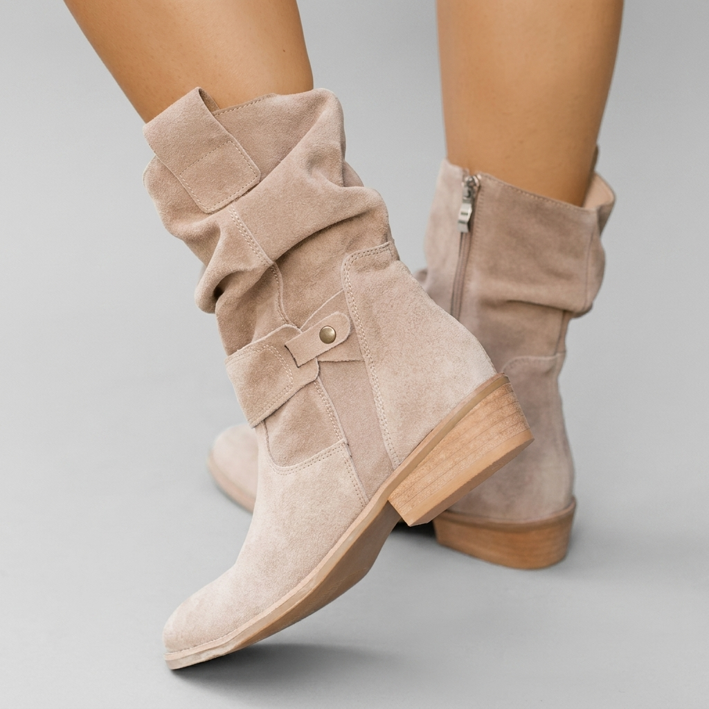 Suede-Look Ankle Boots Slouchy Western Style