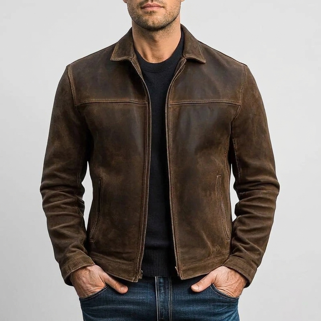 Leather-Look Jacket Zip Front Fitted Cut