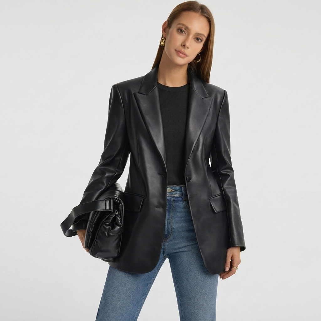 Leather-Look Blazer Tailored Single Button
