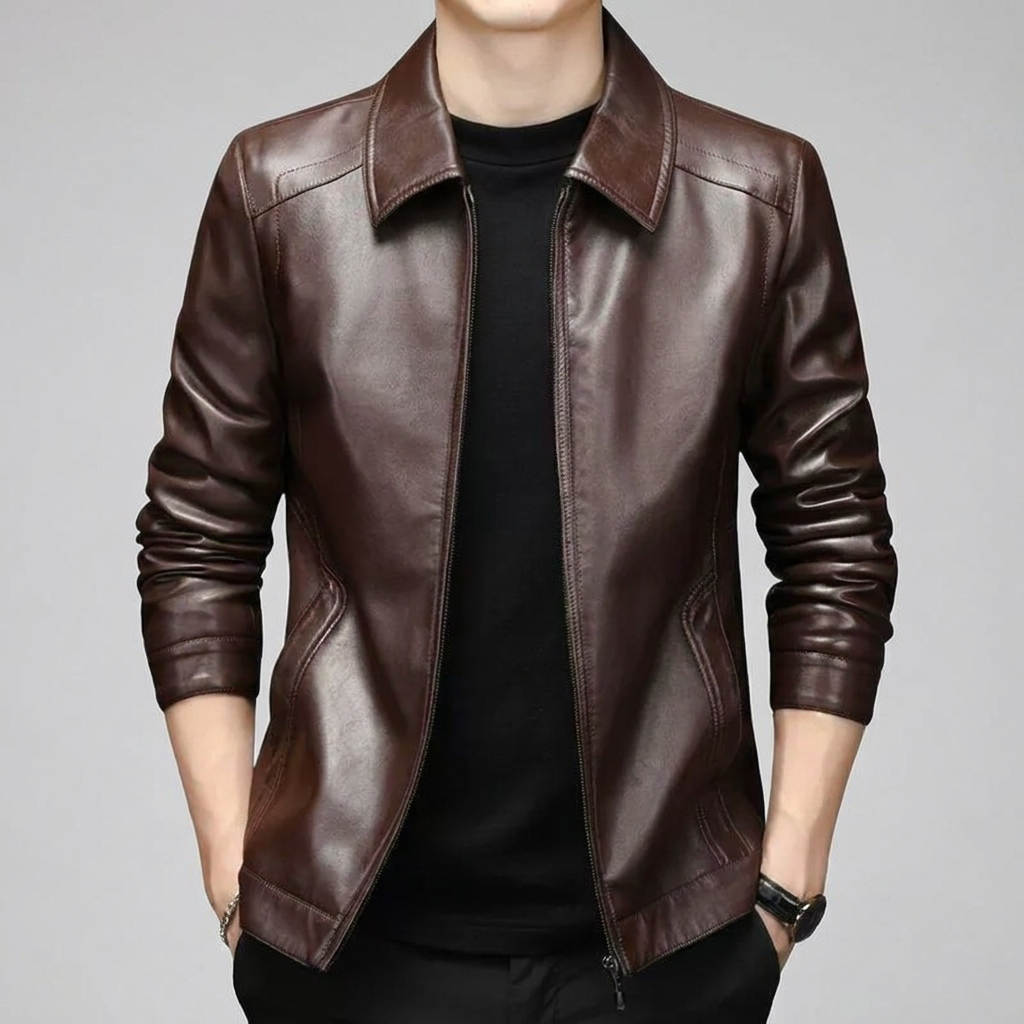 Leather-Look Jacket Point Collar Zip Front