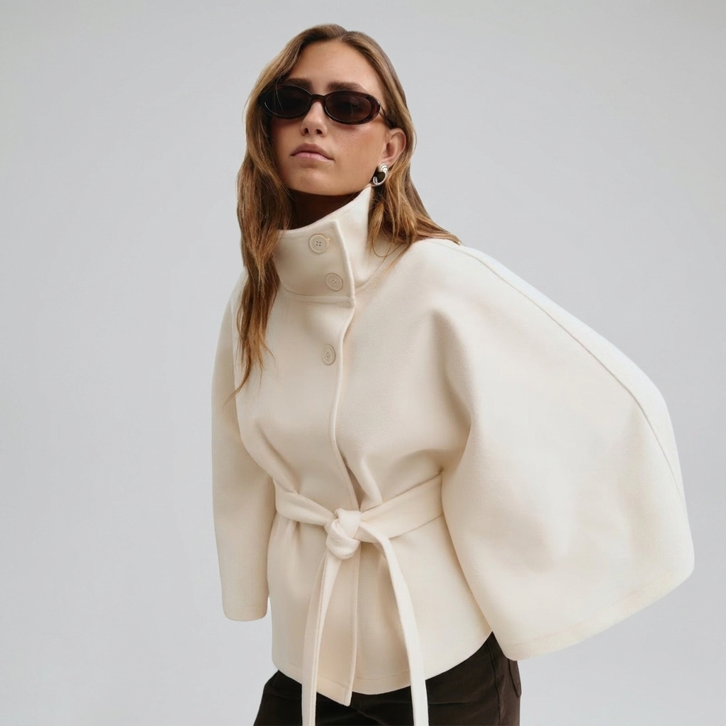 Cape Coat High Collar Belted Waist