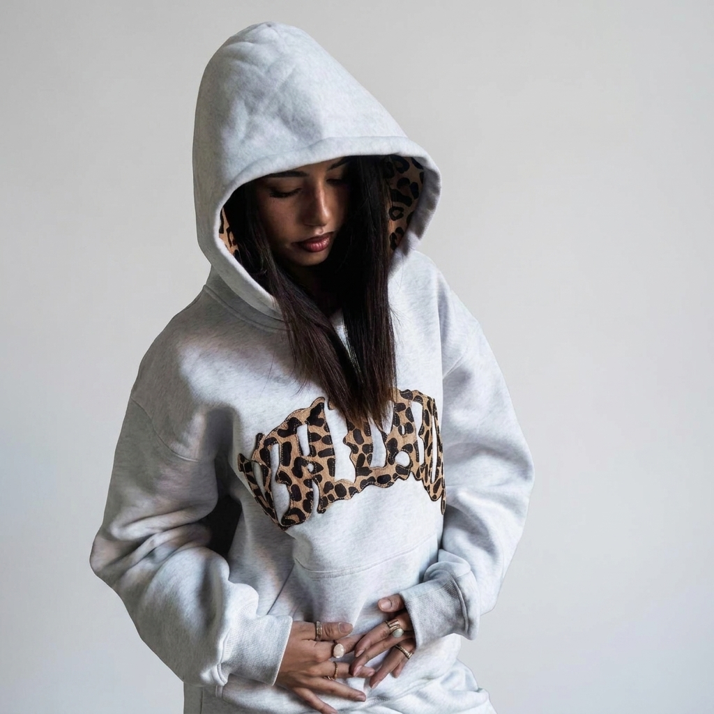 Hoodie Knit Sweat Mix Leopard Lined Hood