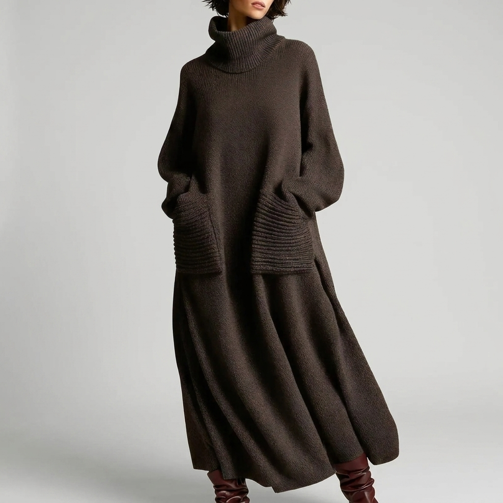 Knit Maxi Dress High Neck Pockets