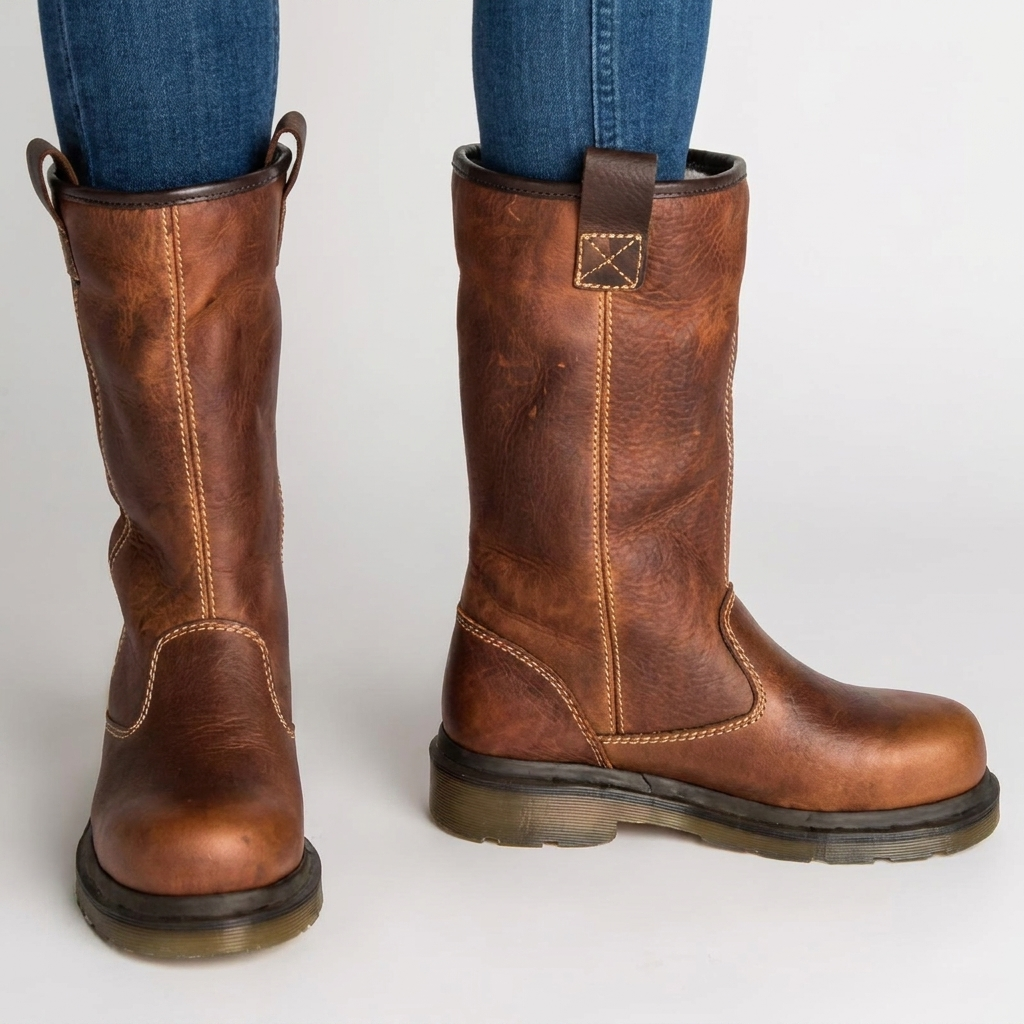 Boots Leather-Look Lined Round Toe Comfort