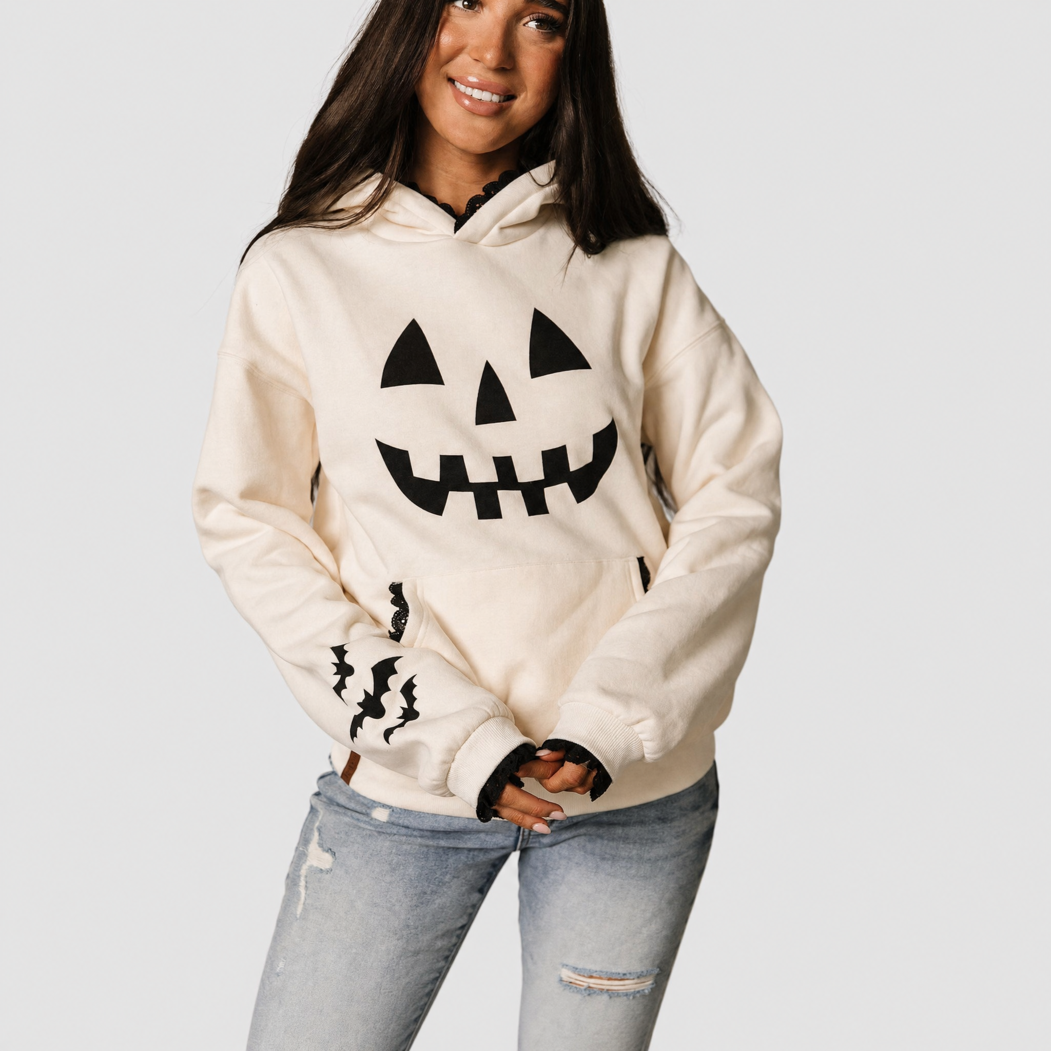 Hoodie Fleece Lined Lace Trim Sleeves