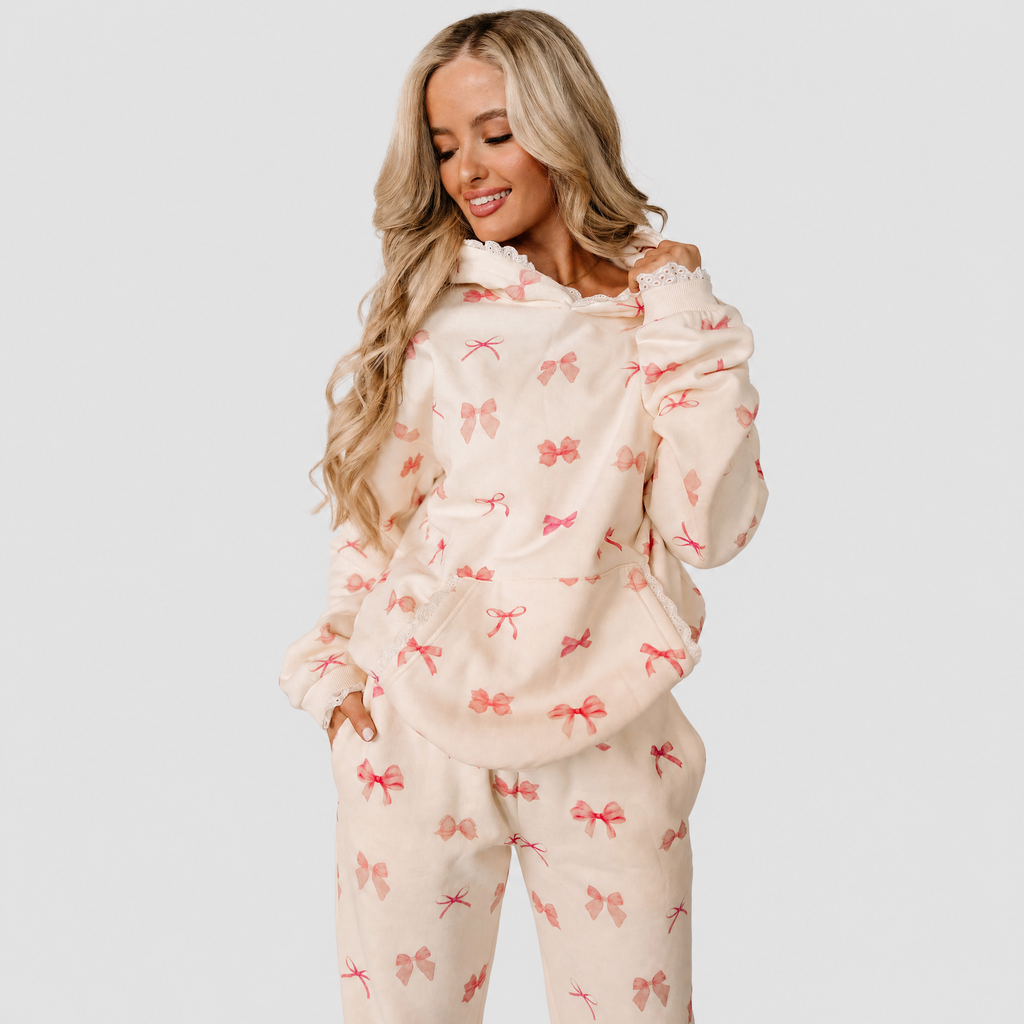 Hoodie Fleece Lined Lace Trim Pink