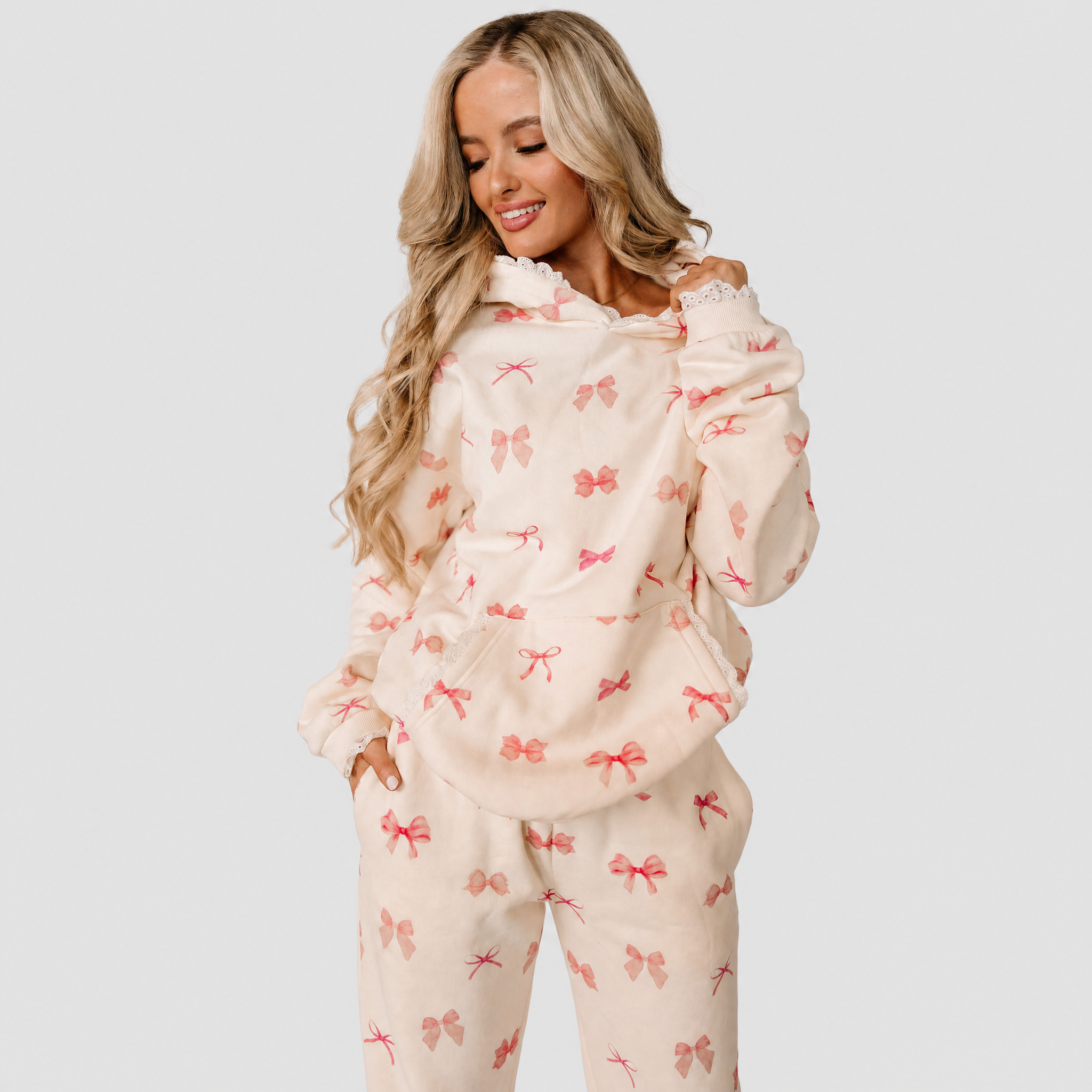 Hoodie Fleece Lined Lace Trim Pink