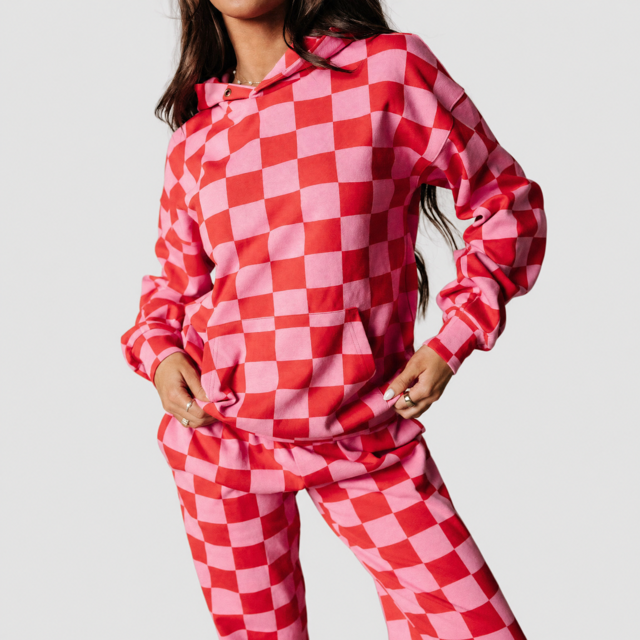 Hoodie Oversized Checked Print Stretch Fabric