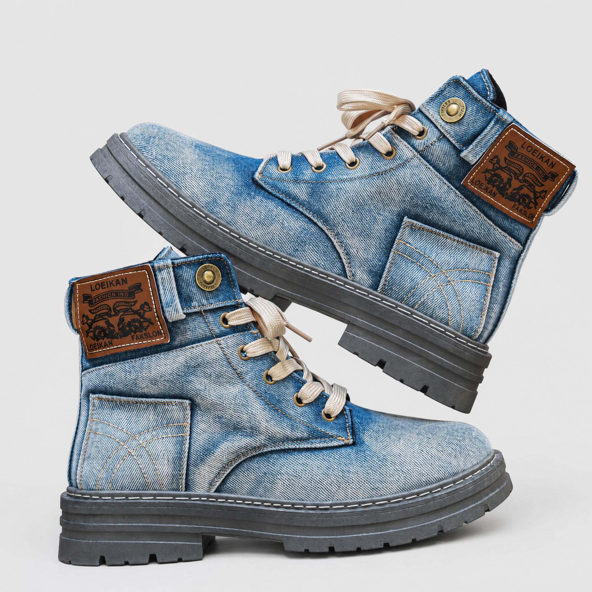 Boots Washed Denim Chunky Anti Slip Sole