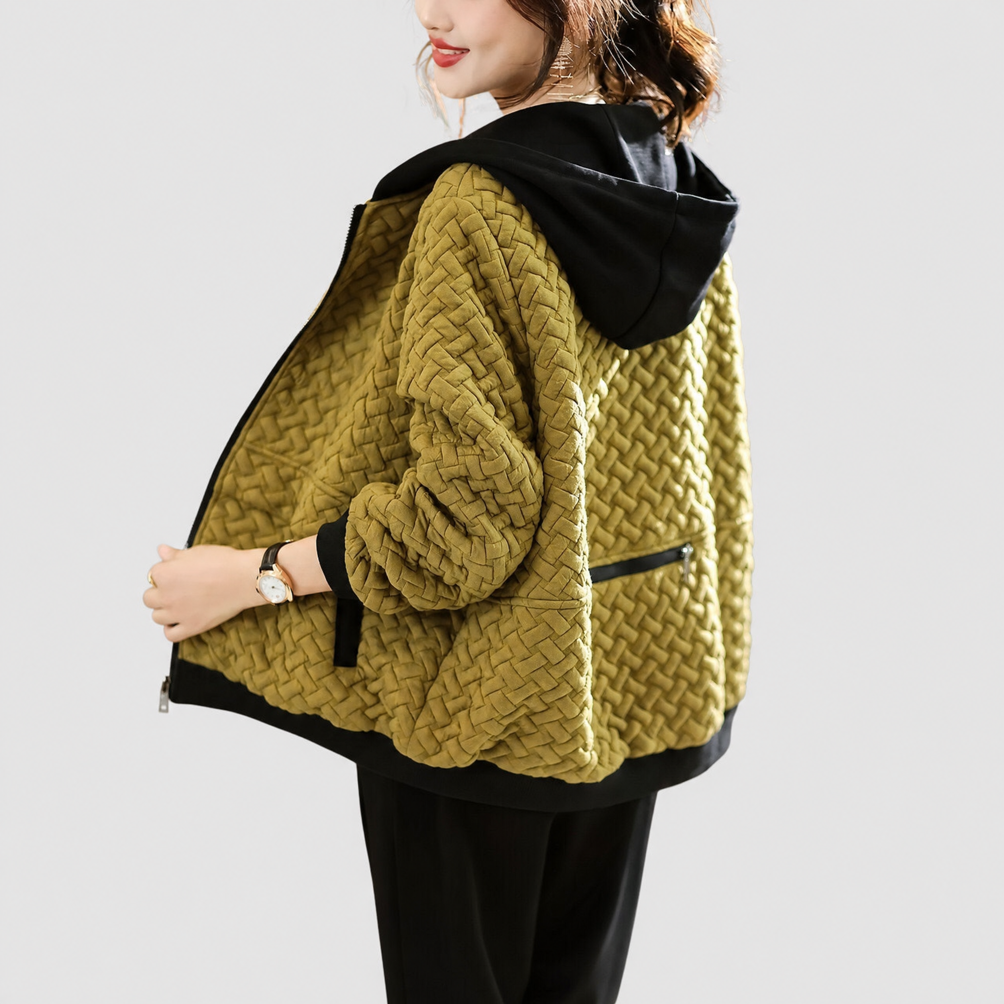 Quilted Hoodie Basketweave Pattern Zip Front