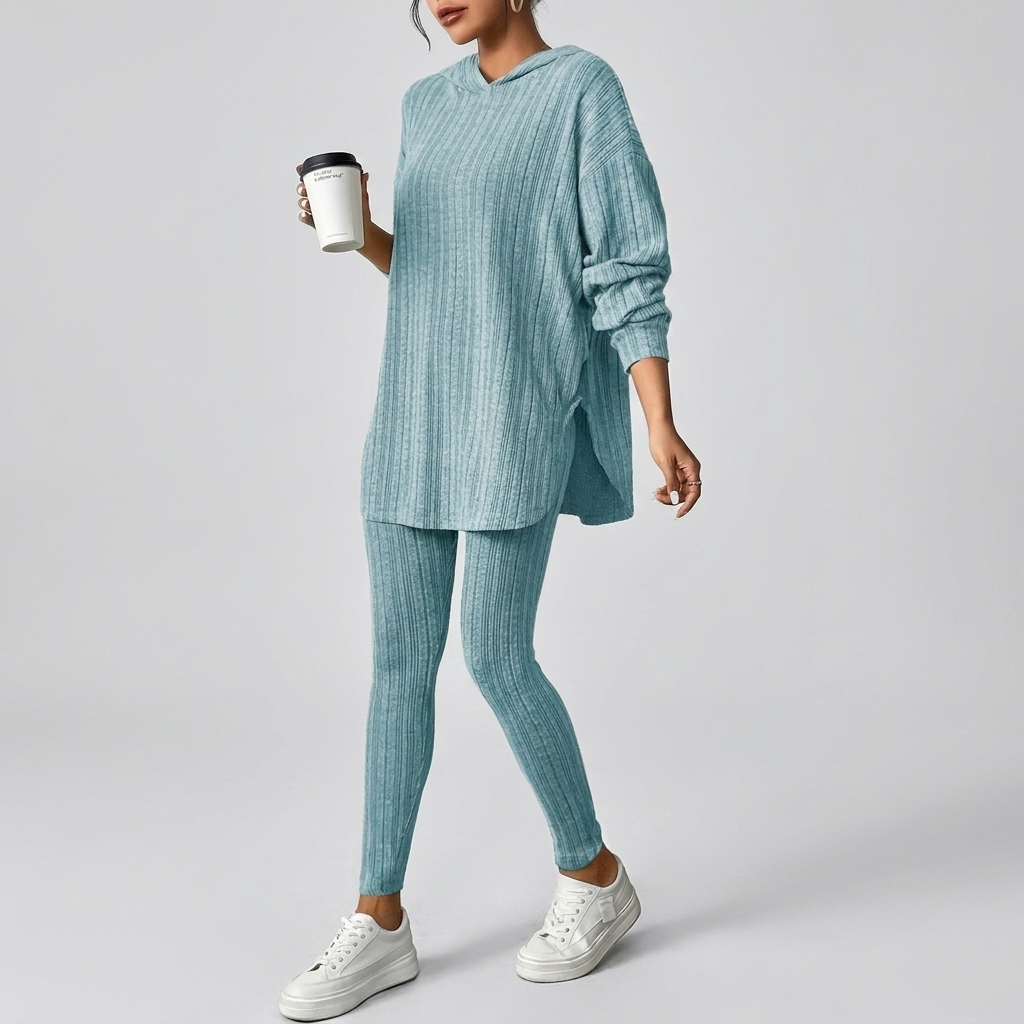 Lounge Set Ribbed Knit Hooded Two Piece
