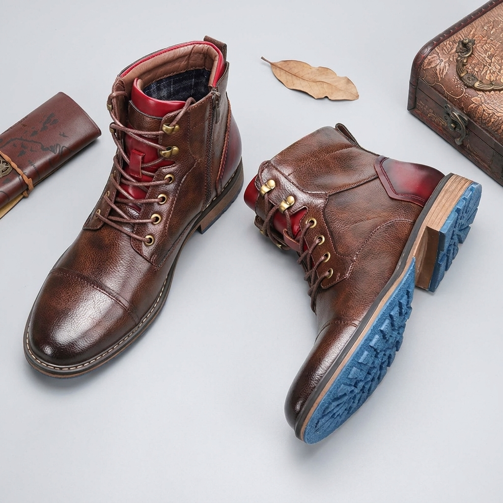 Boots Leather Lace Up Side Zip Padded