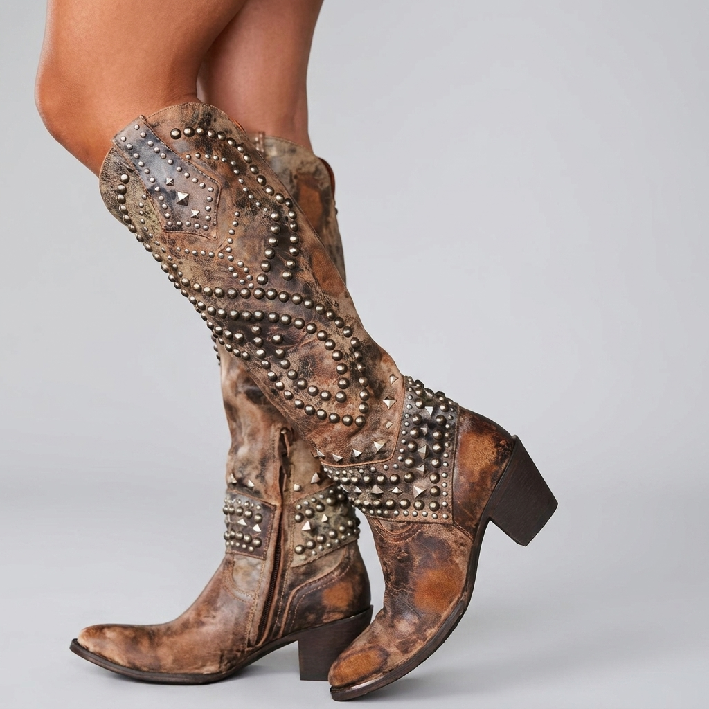 Knee High Boots Rivet Detail Heel