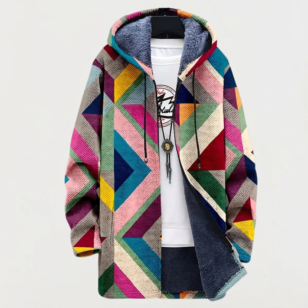 Geometric Print Hooded Sweater - Relaxed Fit
