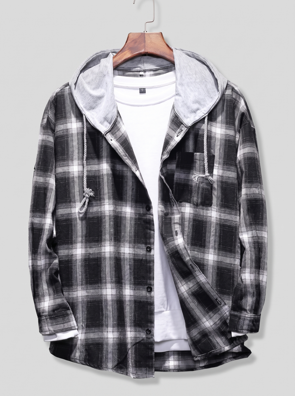 Plaid Hooded Shirt Casual Cotton on light grey studio background