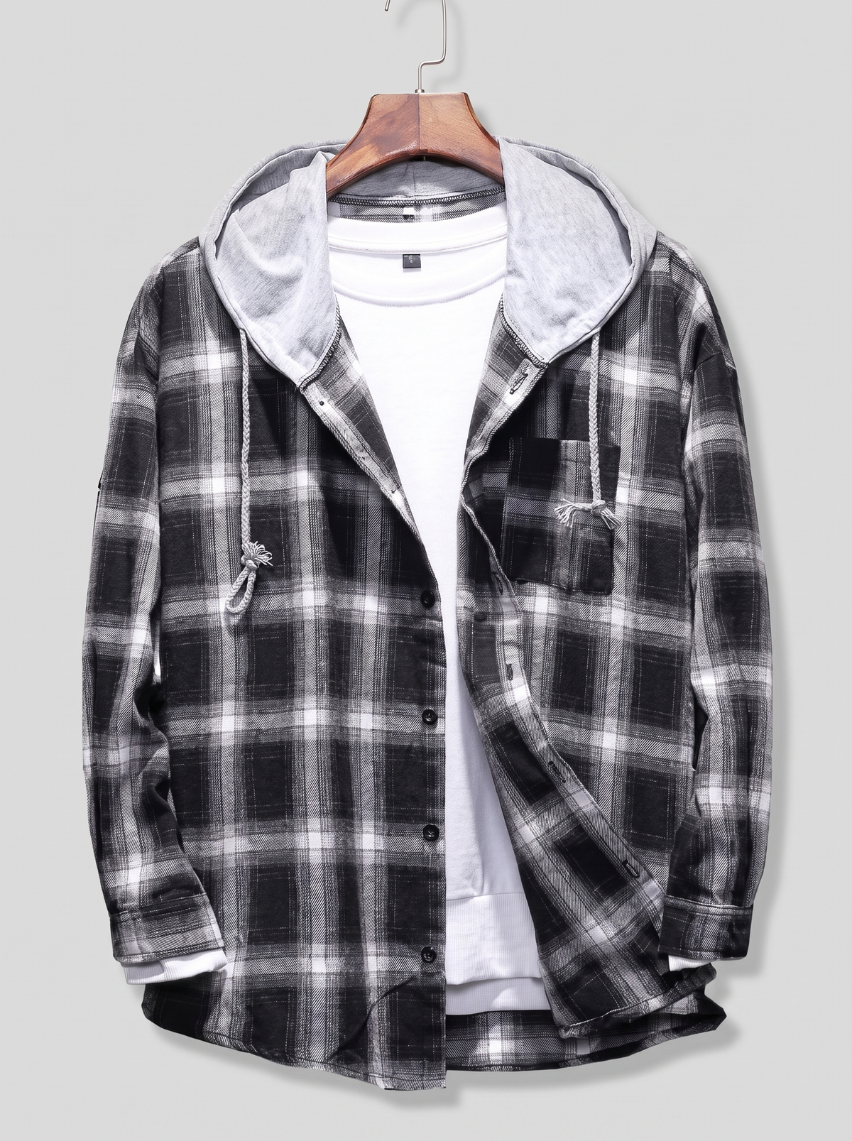 Plaid Hooded Shirt Casual Cotton on light grey studio background