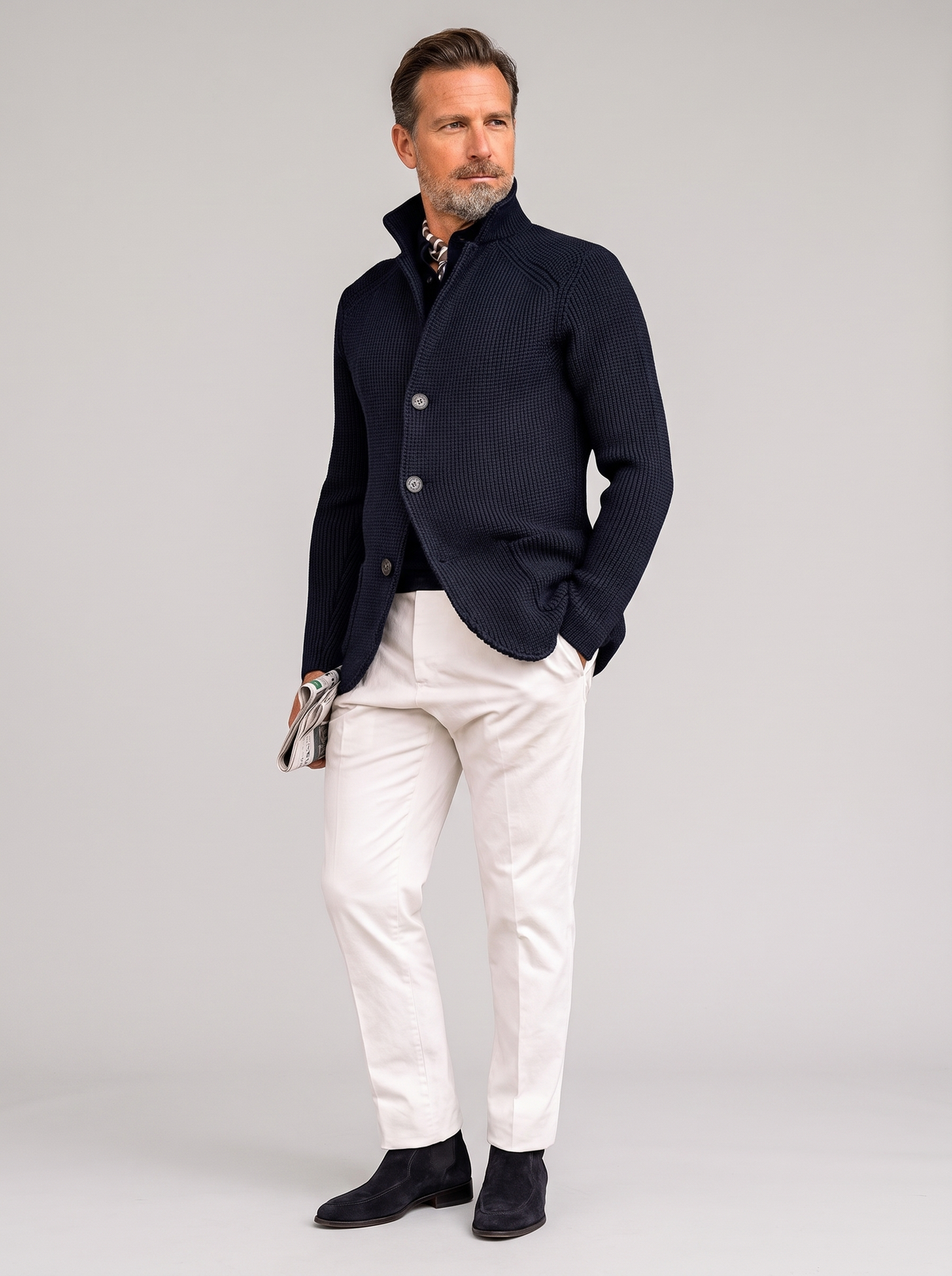Wool Cardigan Classic Knit Style on light grey studio background