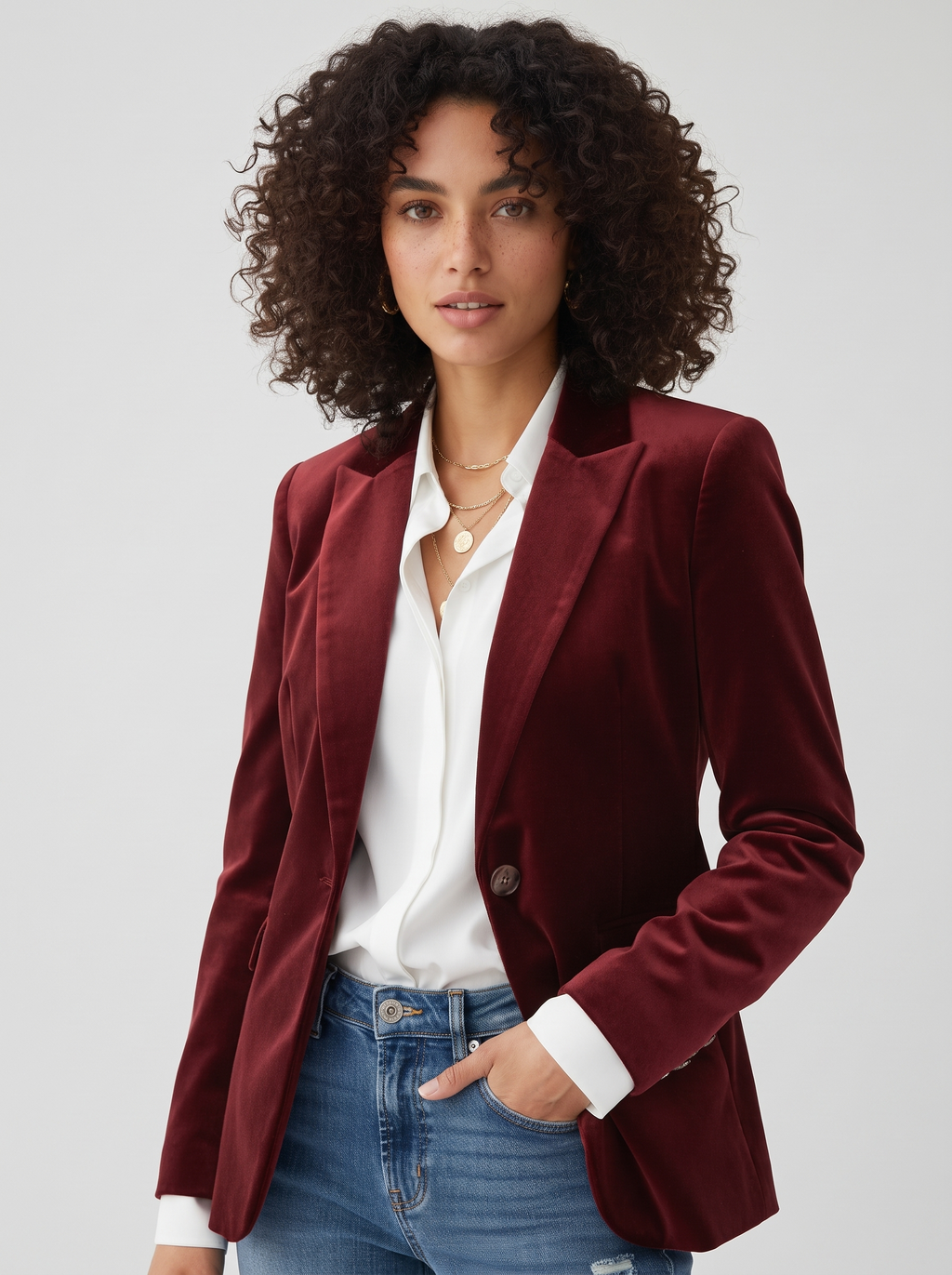 Velvet Blazer Gold Button Detail on light grey studio background