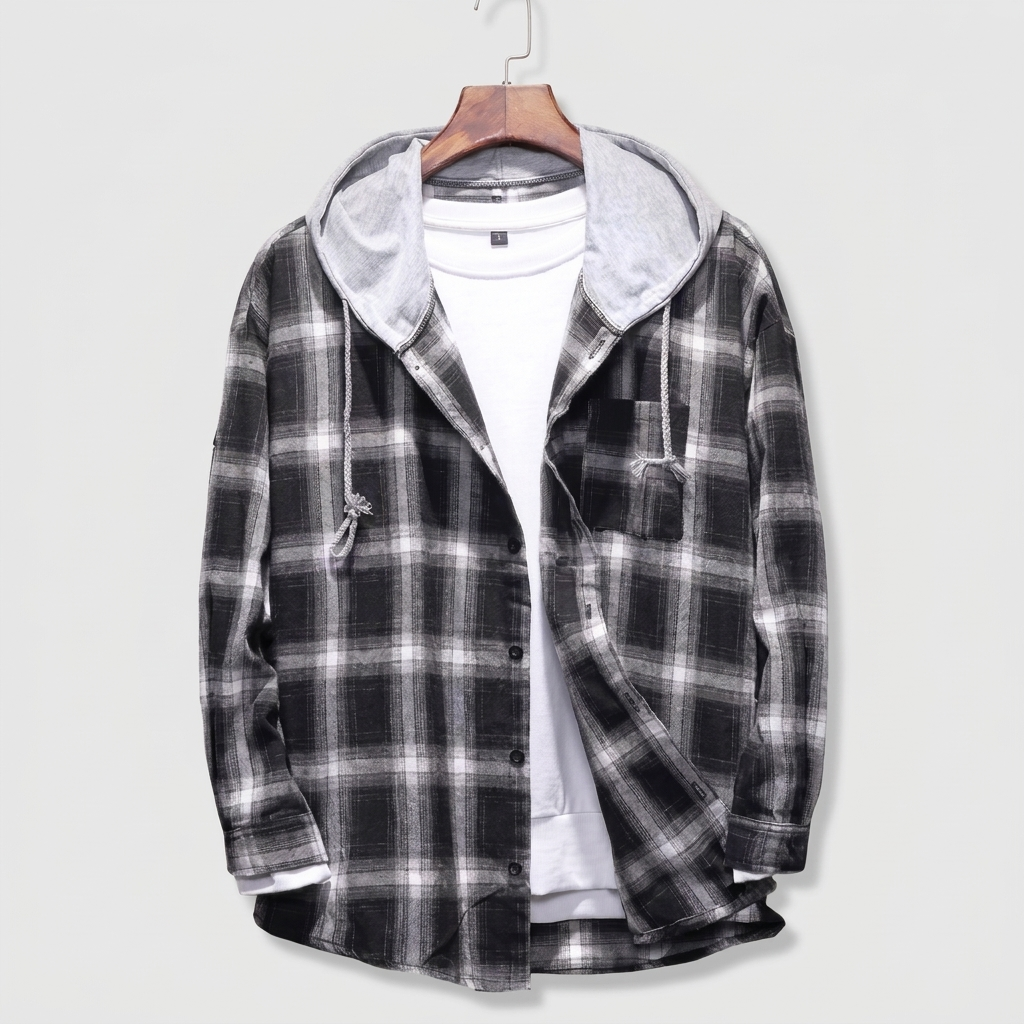 Plaid Hooded Shirt Casual Cotton