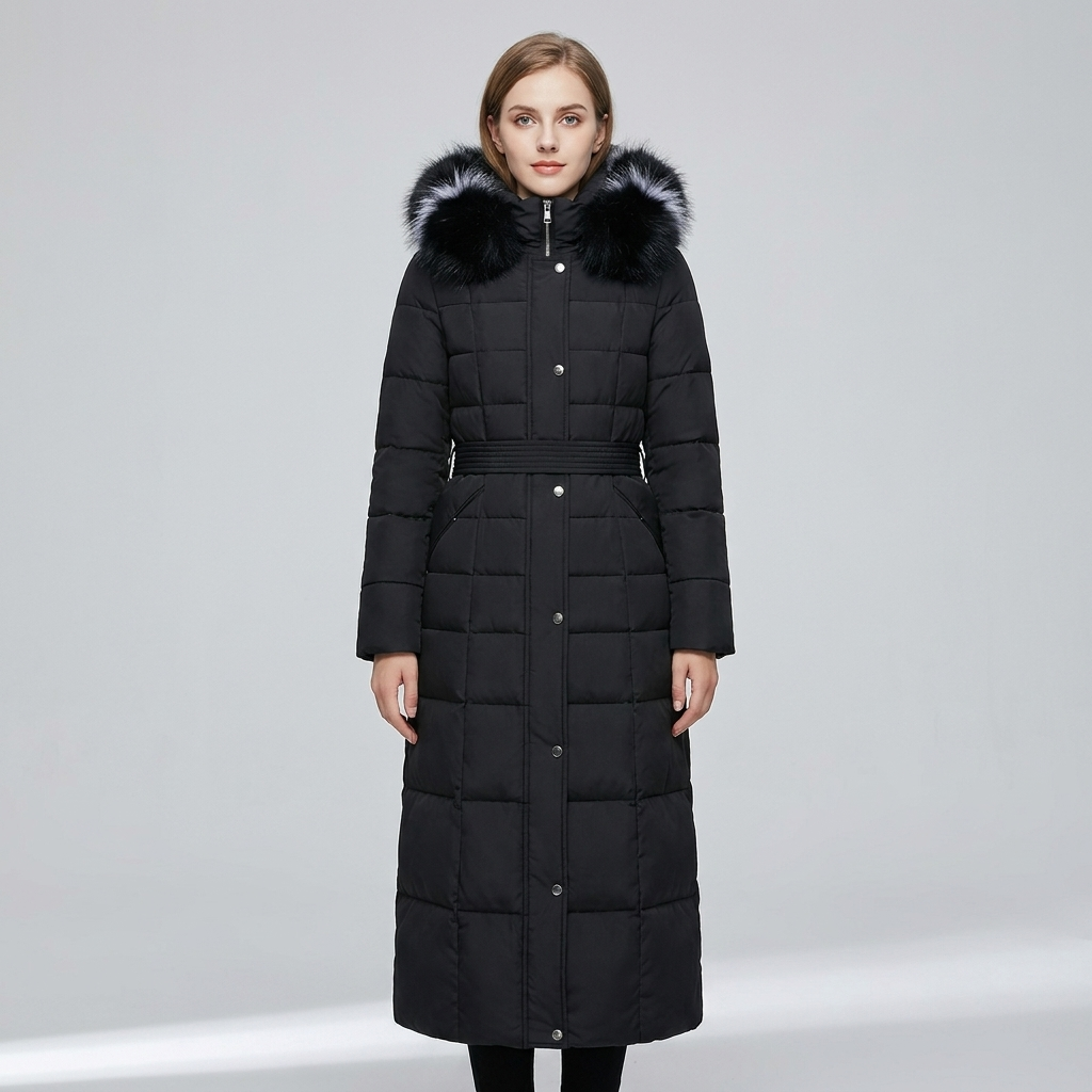 Longline faux-fur puffer coat, studio front view