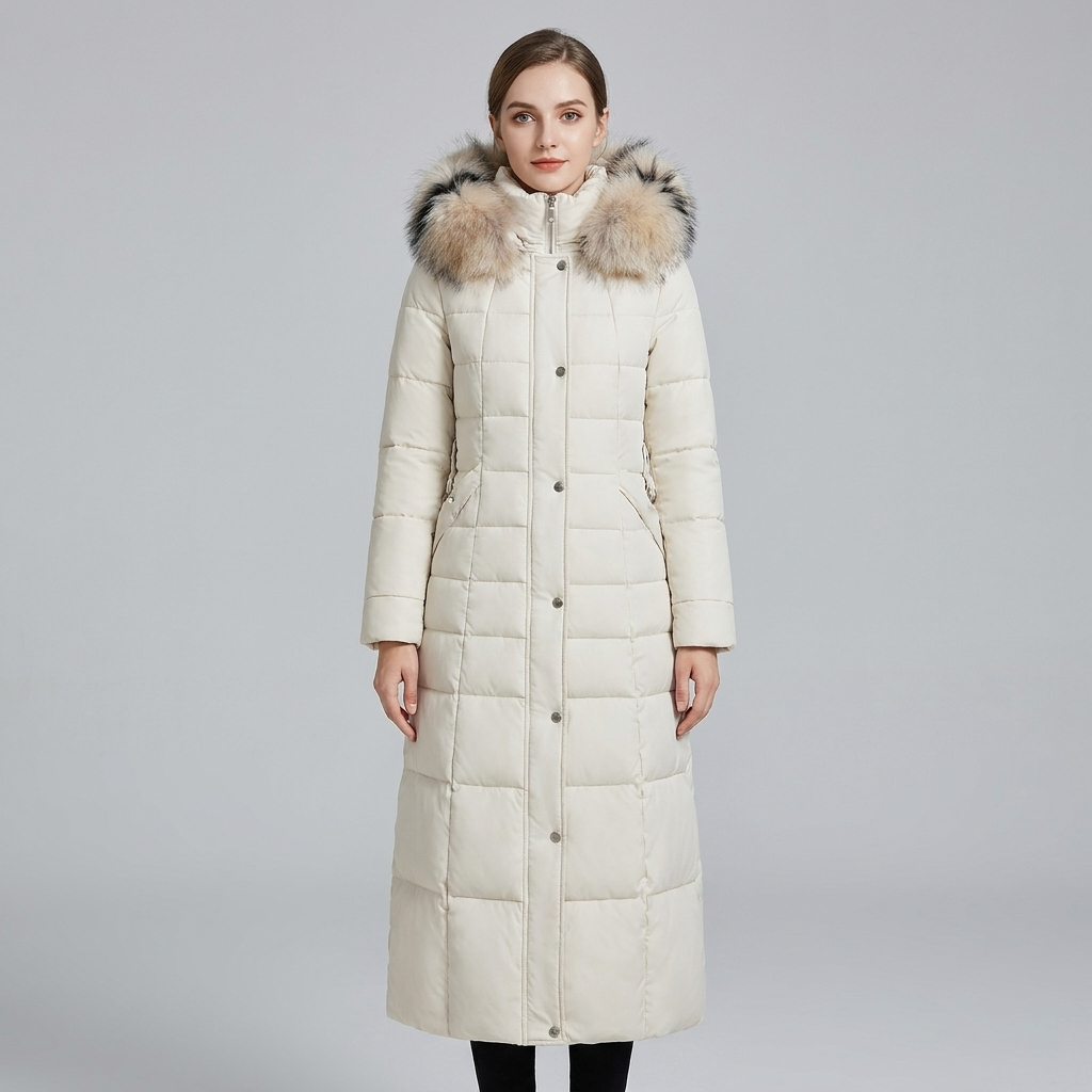 Longline faux-fur puffer coat, studio front view