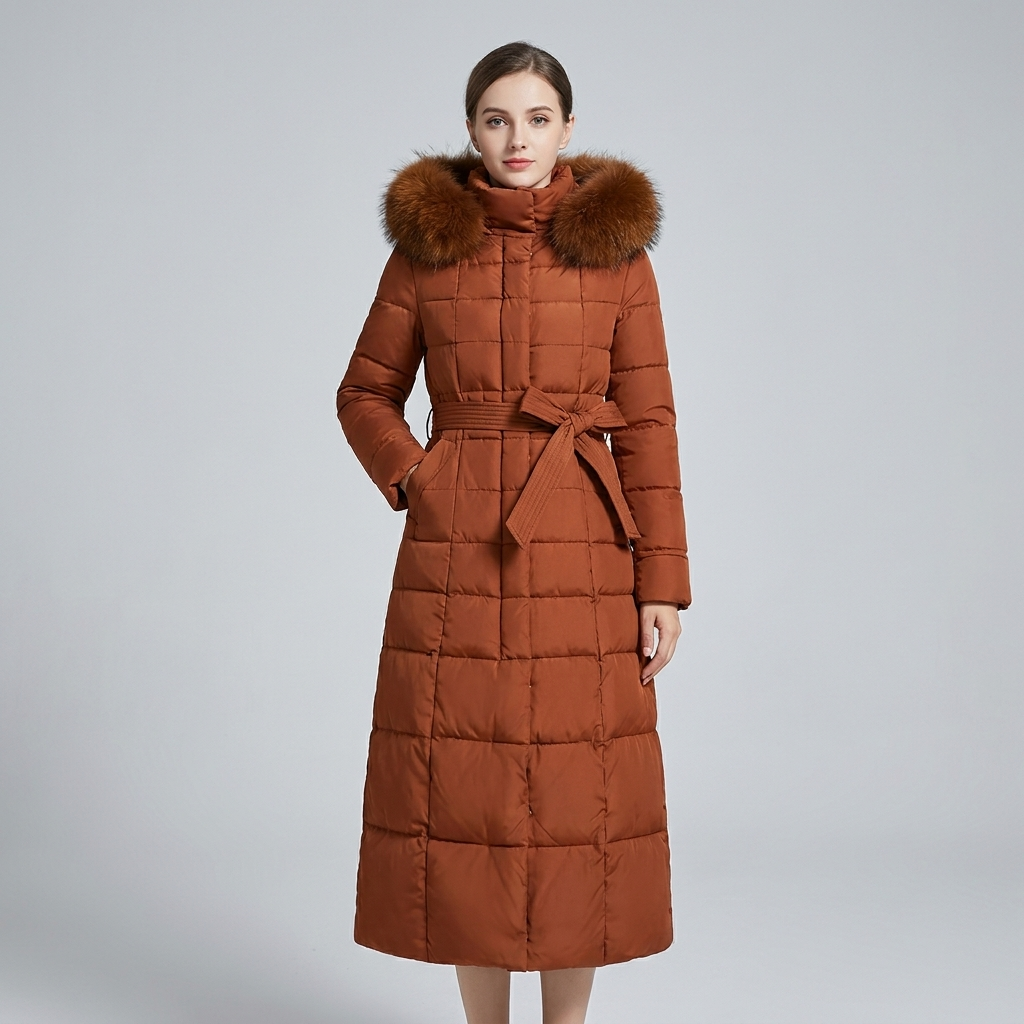 Longline faux-fur puffer coat, studio front view