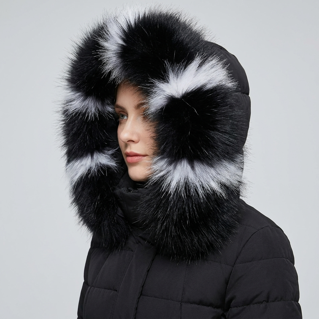Longline puffer coat, close-up of striped faux-fur hood trim