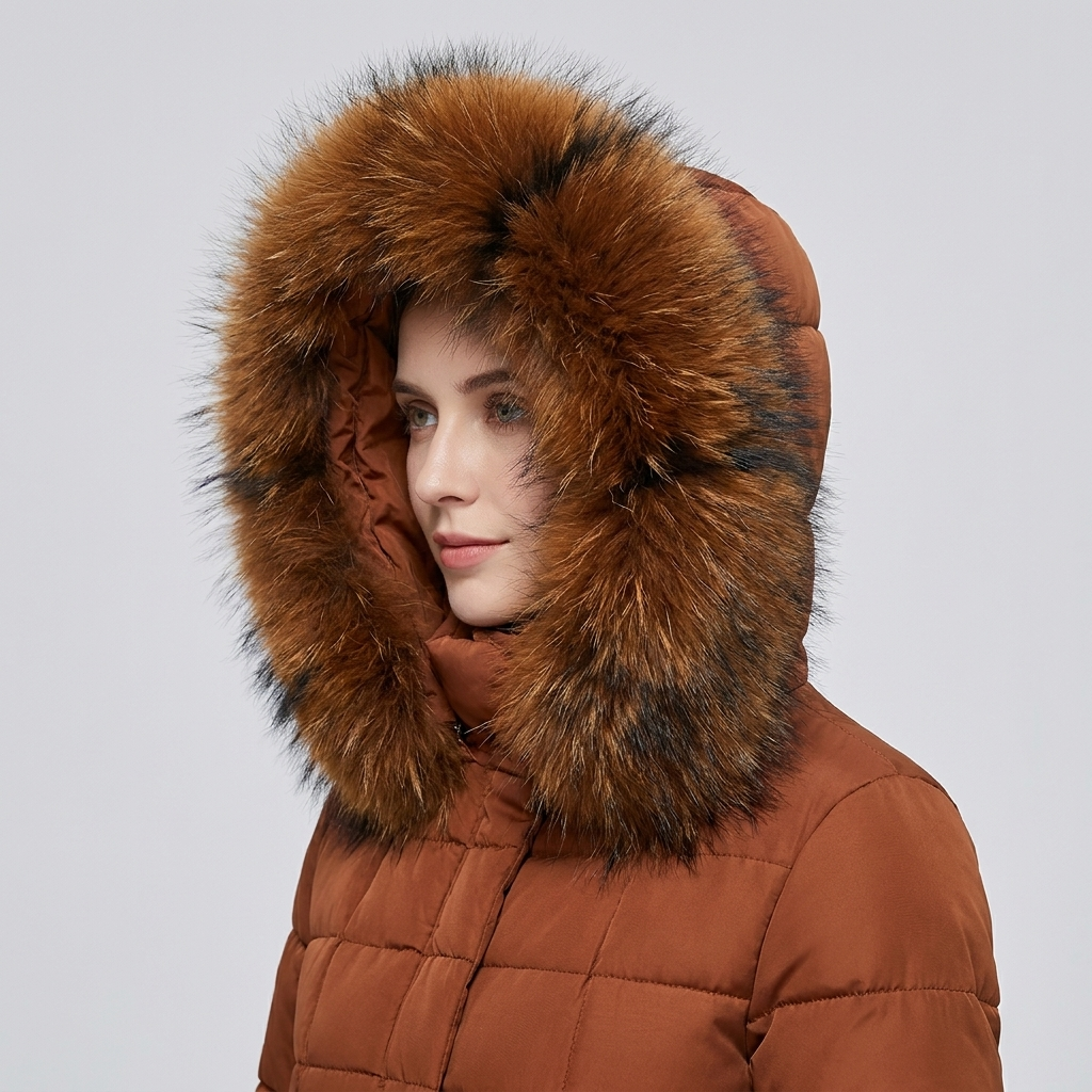 Longline puffer coat, close-up of striped faux-fur hood trim