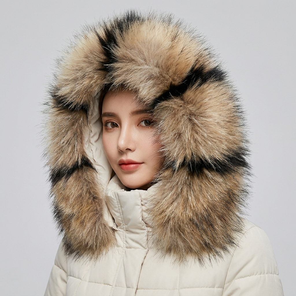 Longline puffer coat, close-up of striped faux-fur hood trim