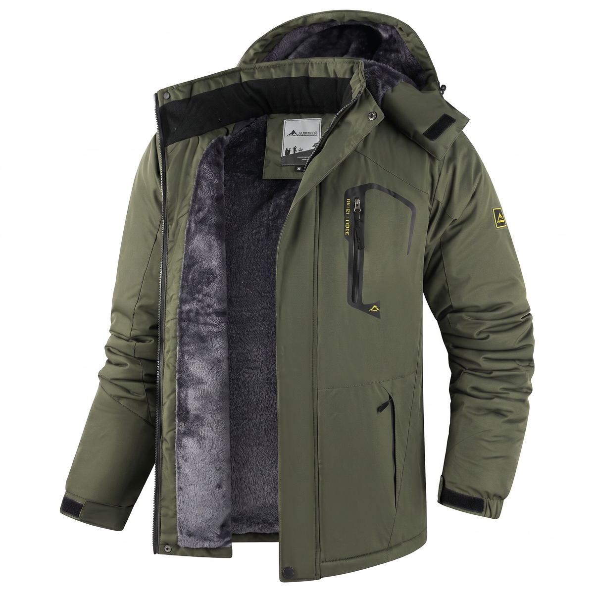 Water-repellent fleece-lined ski jacket in army green, front view