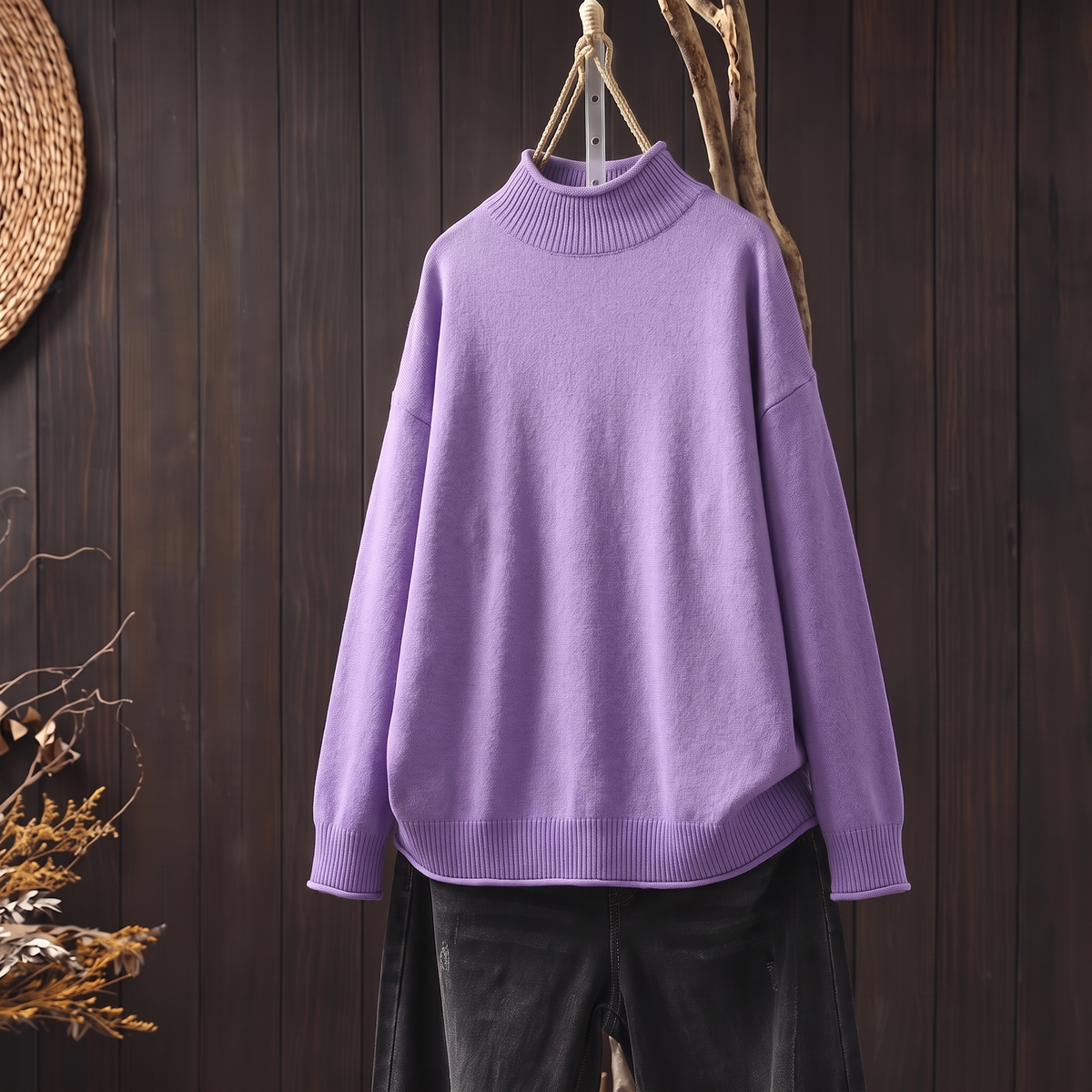 Soft knit turtleneck jumper in purple, front view