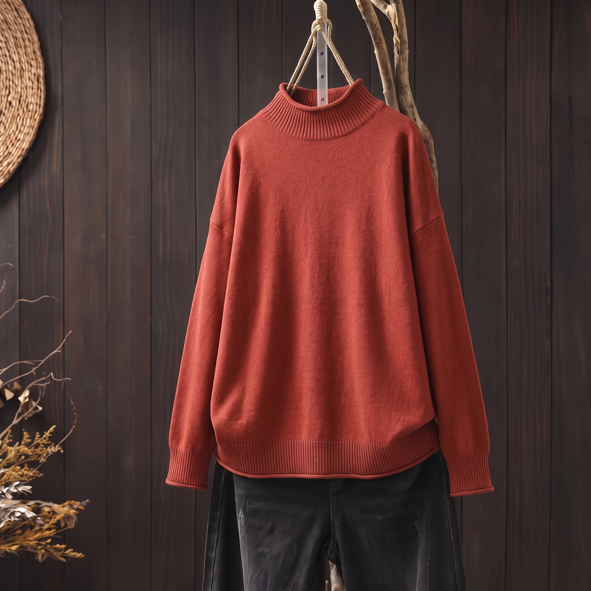 Soft knit turtleneck jumper in red, front view