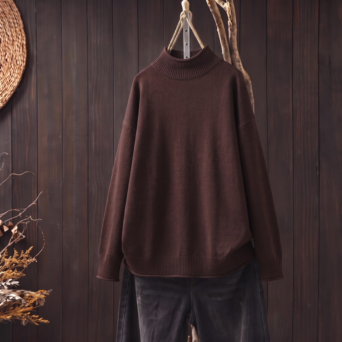 Soft knit turtleneck jumper in brown, front view