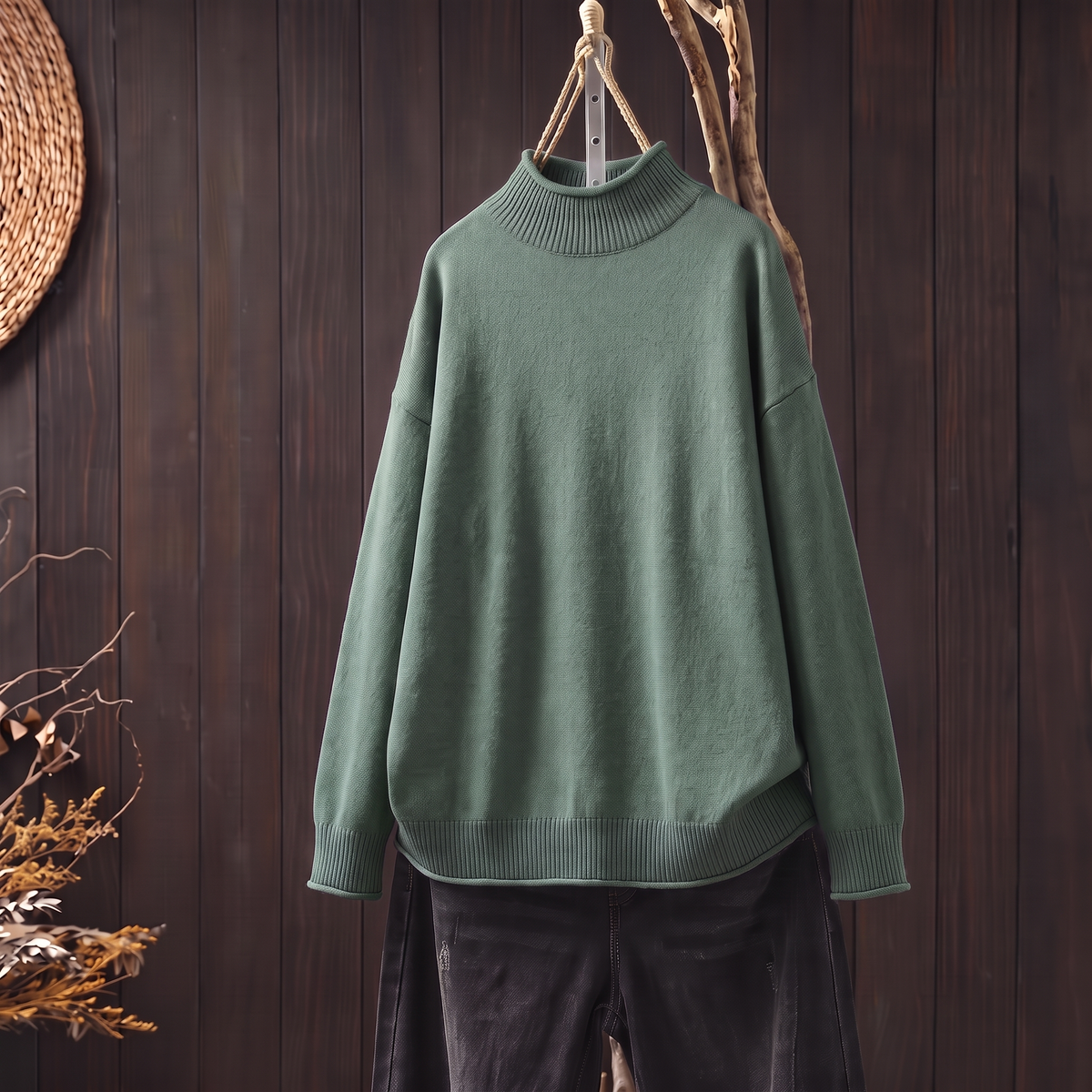 Soft knit turtleneck jumper in green, front view